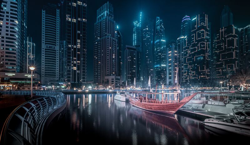 night, city, marina, boat, yacht, dubai,emirates. uae Night in Dubai Marina фото превью