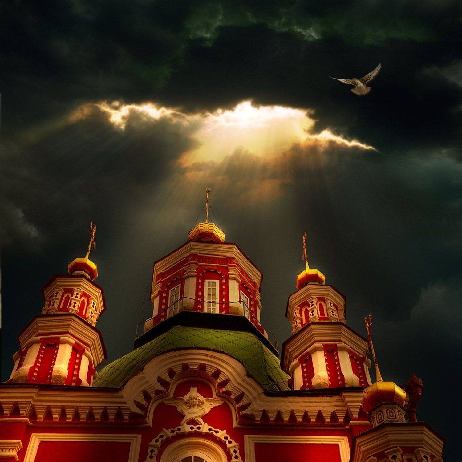 Кафедральный, Коллаж, Красноярск, Лучи, Птица, Свет, Свечение, Собор, Тьма, Храм, Церковь, Дмитрий Антипов