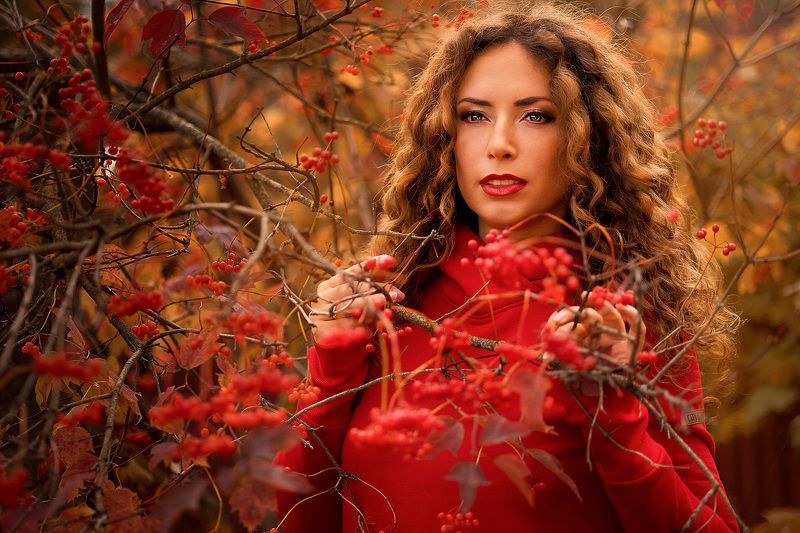 портрет, девушка, осень, калина Осень фото превью