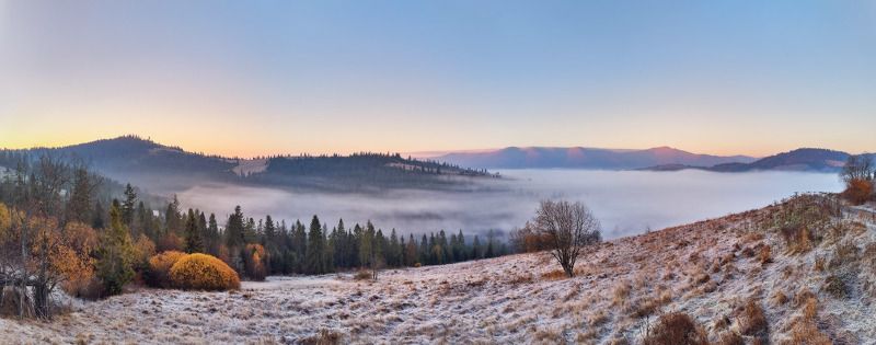 горы, иней, карпаты, ноябрь, осень, панорама, рассвет, туман, утро Туманным утром над Студеным фото превью
