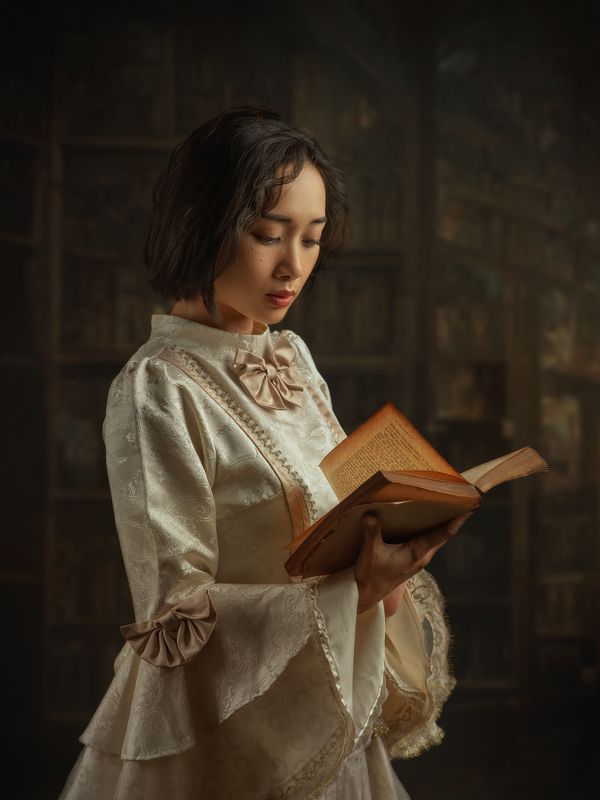 asian, vietnam, vietnamese, portrait, face, women, female, studio, dress, staged, reading, book, read * * * фото превью