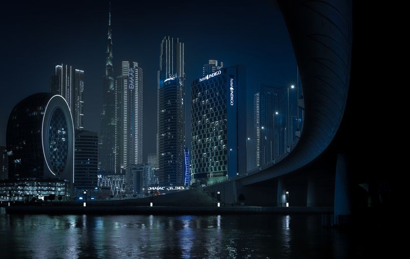 dubai, uae, emirates, city, skyscaper, bridge, night scene  Dubai Business Bay фото превью