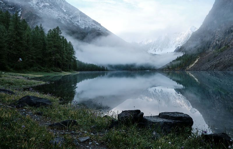 Нижнее Шавлинское озеро, Алтай, туман, горы Туман фото превью