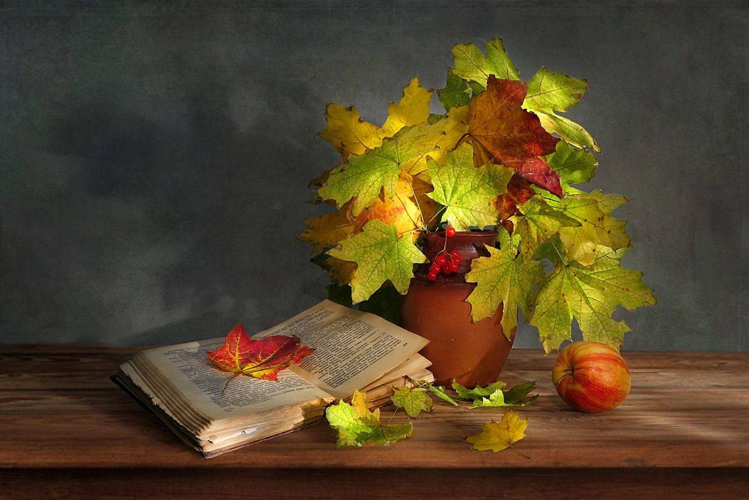 натюрморт,осенние листья,книга,яблоко,калина, Алла Шевченко