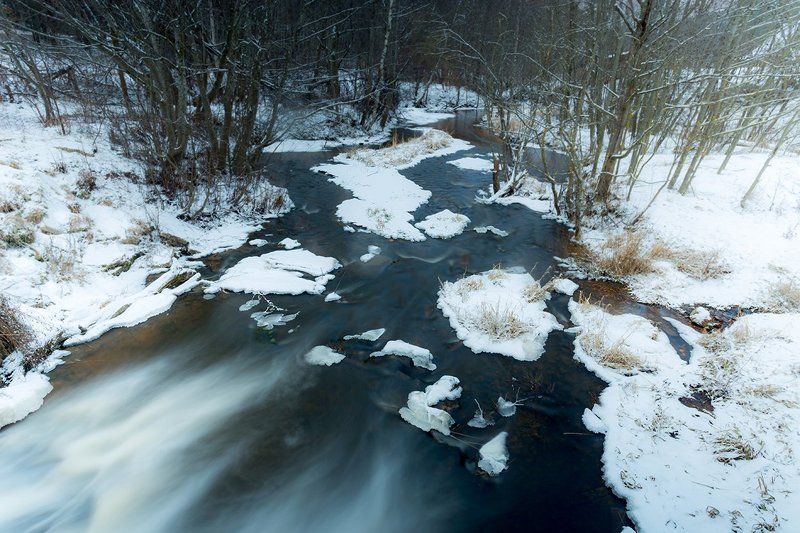 current, forest, river, snow, water, winter, водный поток, зима, лесная речка, река, снег, течение Зимний поток фото превью