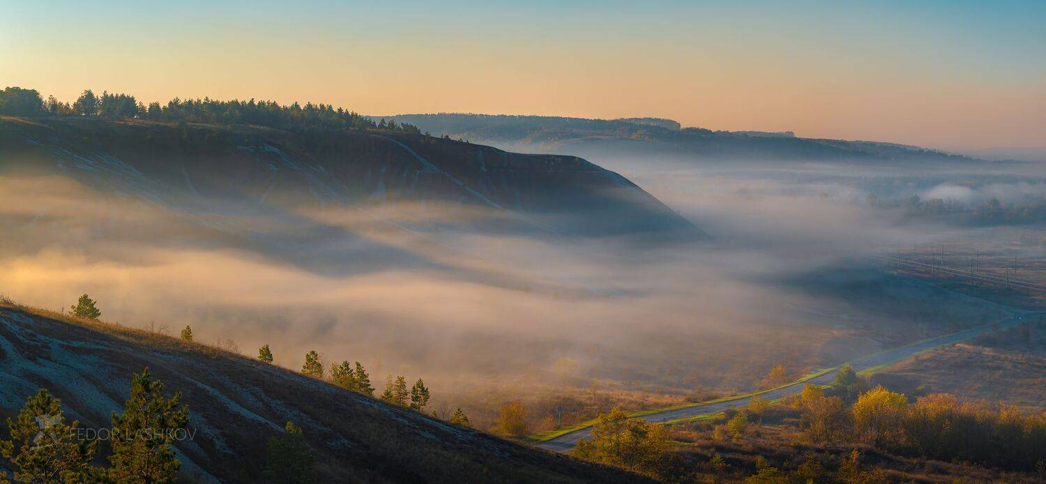 Белгородская область, Белогорье, осень, осенний, степь, туман, туманное, сосна, свет, золотой, в тумане, горы, горное, холмы, дорога, прозрачное, утро, , Лашков Фёдор