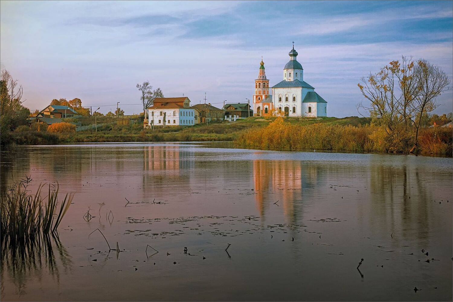 пейзаж, осень, вечер, закат, храм, река, отражение, свет, цвет, александр никитинский, Никитинский Александр