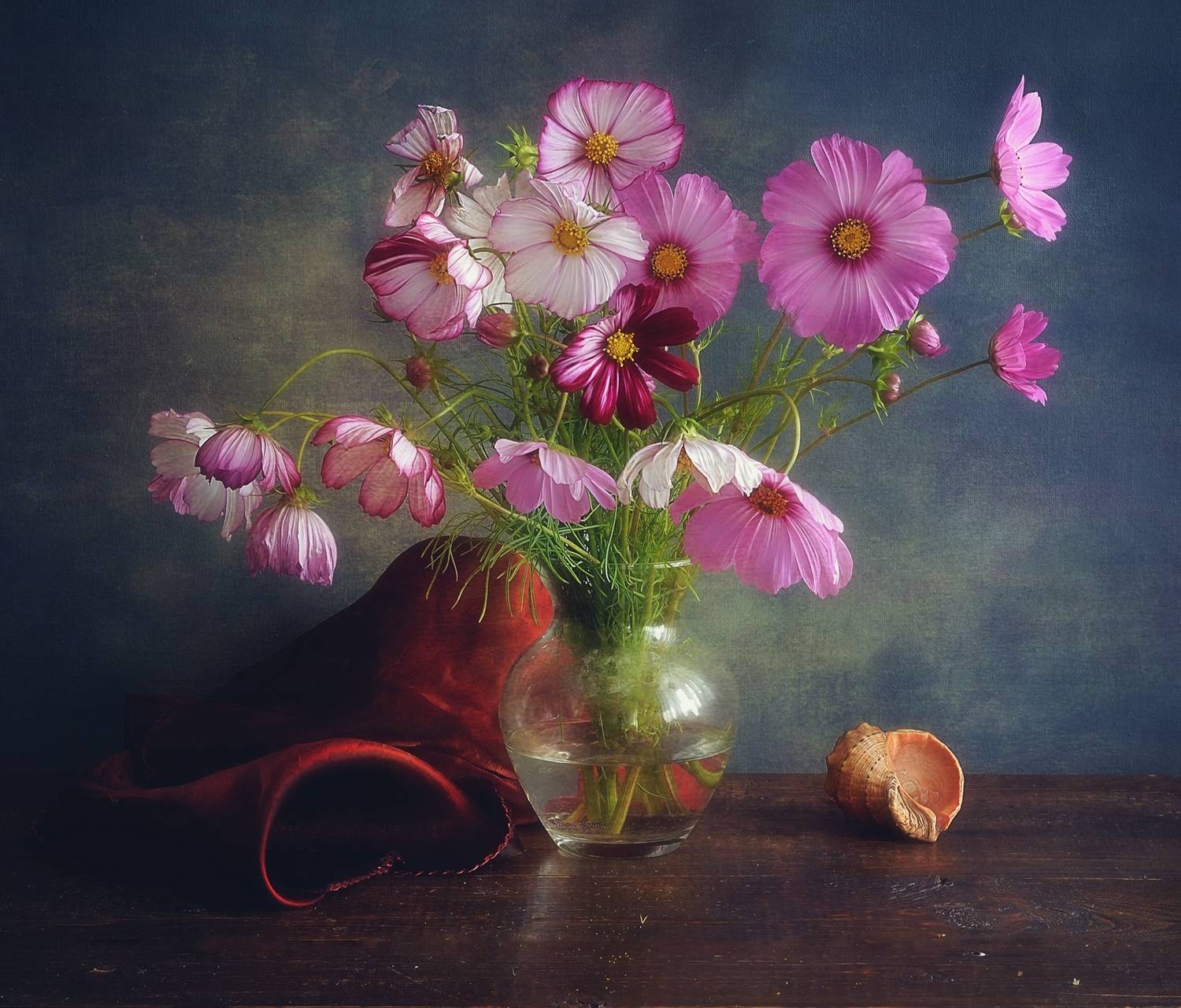 натюрморт,цветы,космея,букет,ракушка, Наталия К