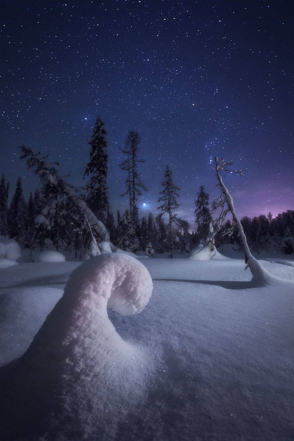 landscape, stars, nightscape, winter, snow, пейзаж, зима, снег, звёзды, ночь, Иван Чаланов