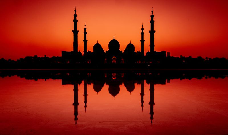 mosque,city, sunset, red, sun, uae, dubai, abu dhabi, builging, orient, architecture Sheikh Zayed Grand Mosque in the Sunset Light фото превью