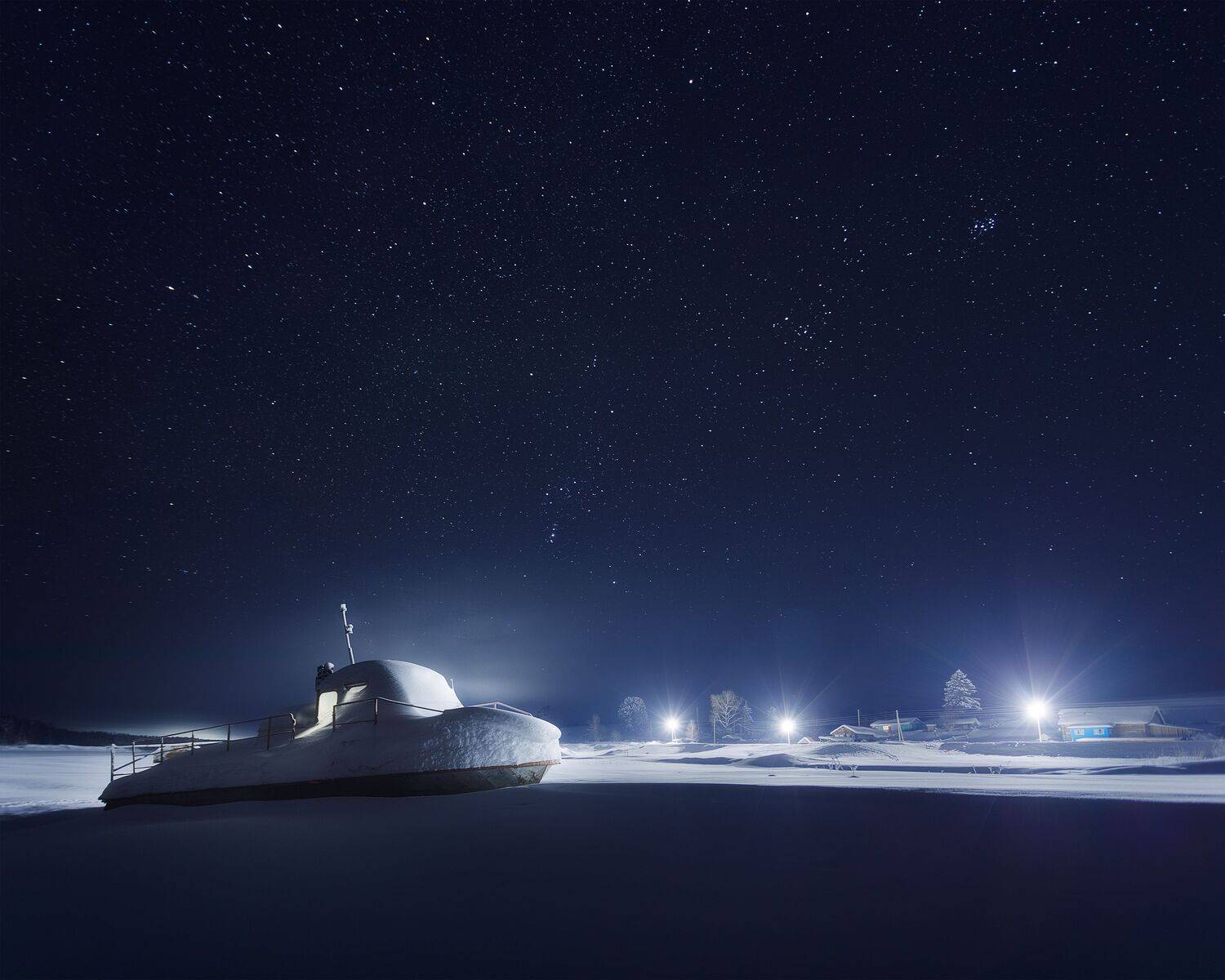 пейзаж, ночь, зима, снег, катер, село, звёзды, мороз, landscape, boat, frozen, winter, snow, nightscape, stars, village, Иван Чаланов