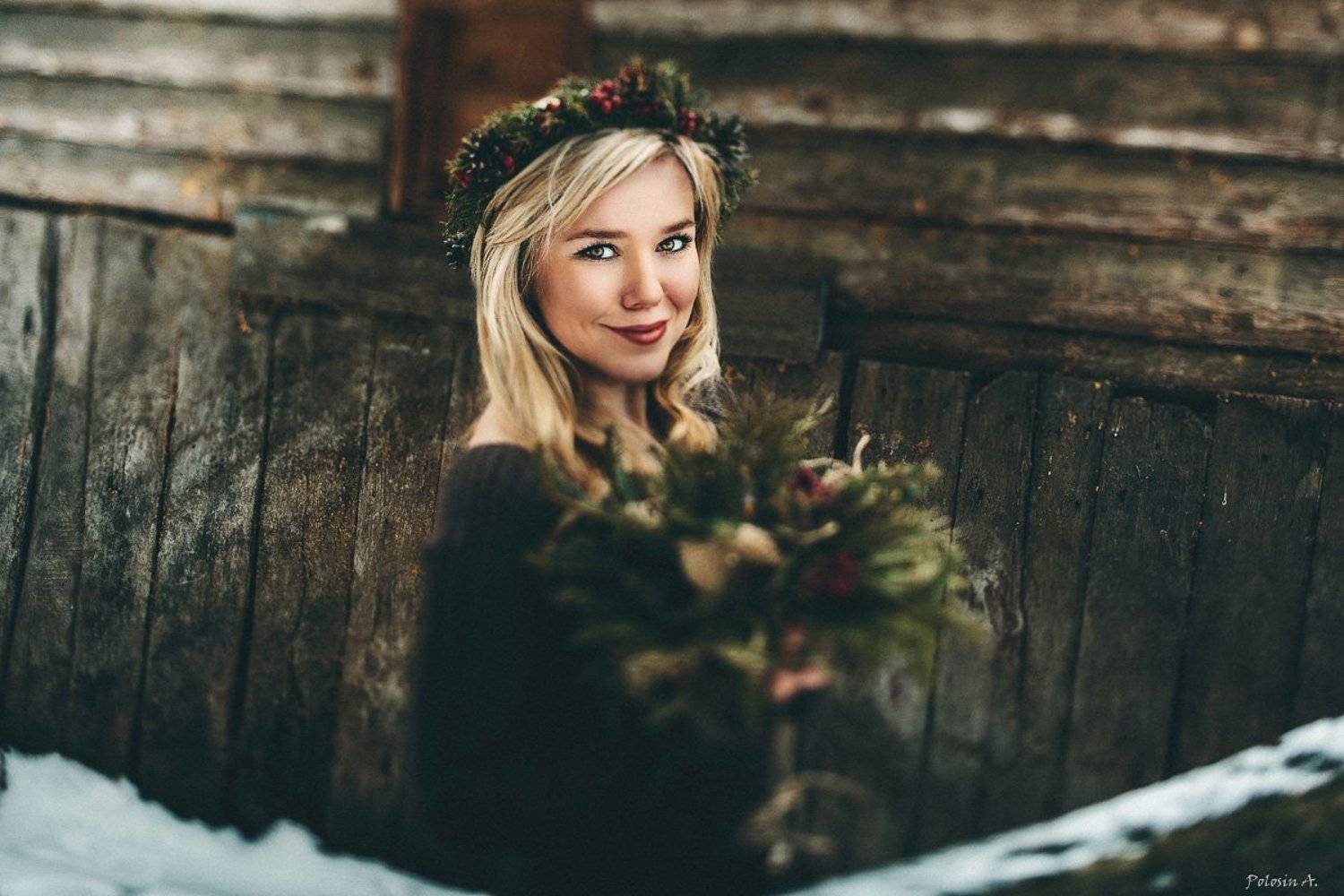 Букет, Венок, Девушка, Зима, Полосин Александр