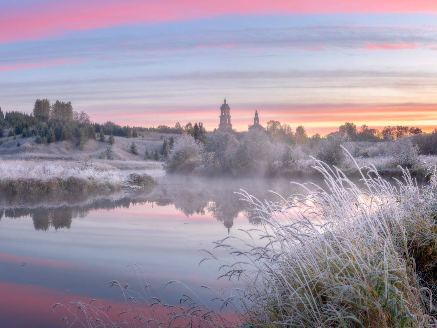 пейзаж утро рассвет иней река церковь, Сергей Буторин