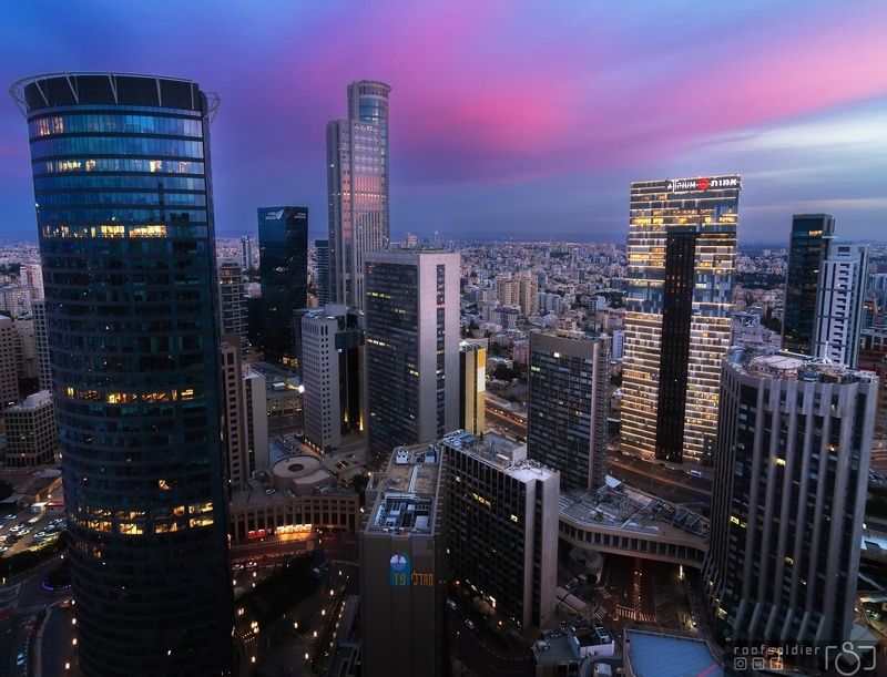 Tel aviv, Israel, city, urban, architecture, cityscape, above, sunset, sunrise, skyscraper, Ramat Gan, roofer, roof Ramat Gan sunset фото превью