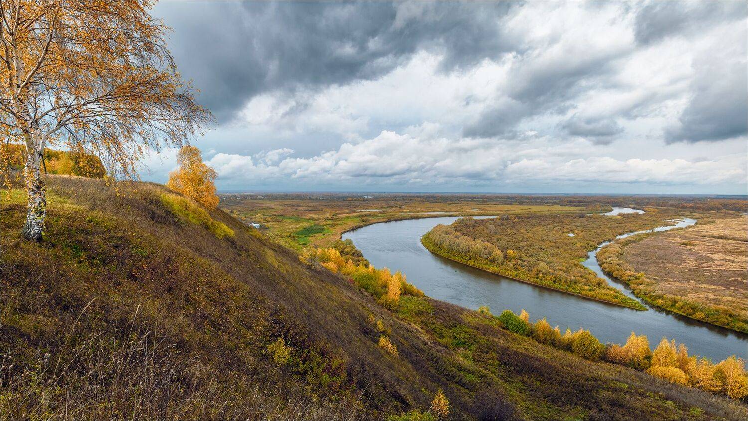 пейзаж, осень, река, берёзы, небо, облака, свет, цвет, александр никитинский, Никитинский Александр