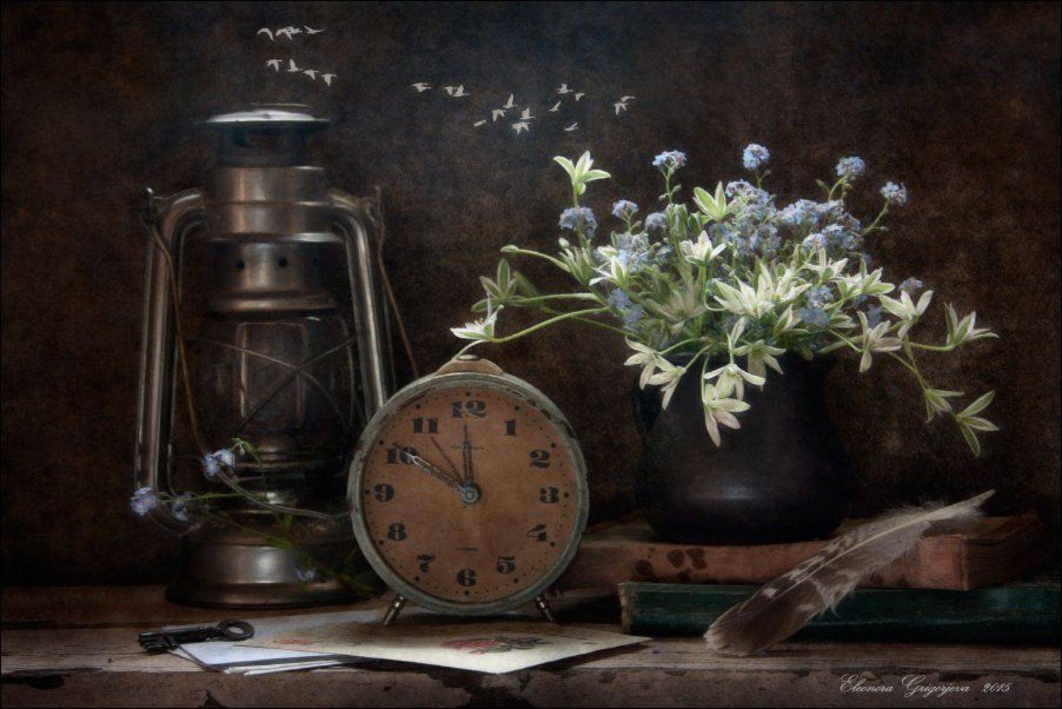 Весна, Время, Натюрморт, Незабудки, Перо, Письма, Часы, Eleonora Grigorjeva