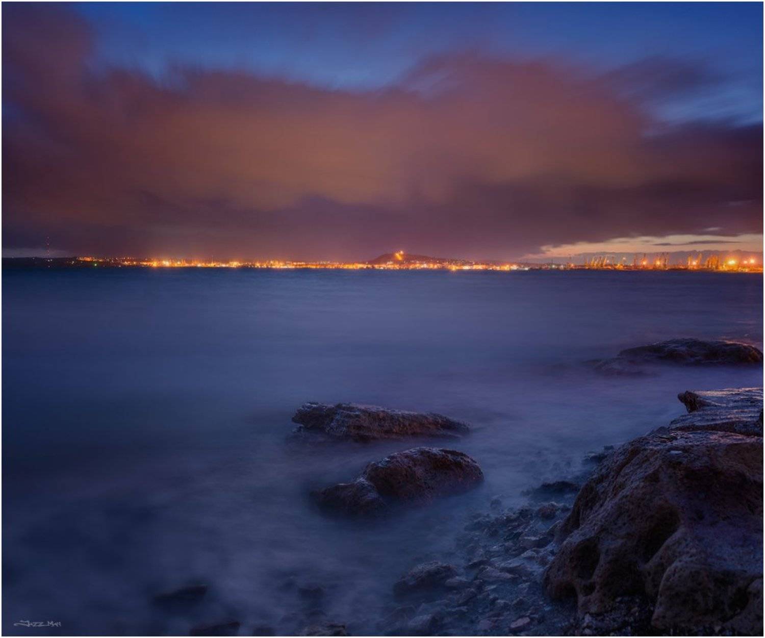 Вечер, Город, Длинная выдержка, Камни, Керчь, Крым, Море, Морской пейзаж, Облака, Панорама, Черное море, Jazz Man