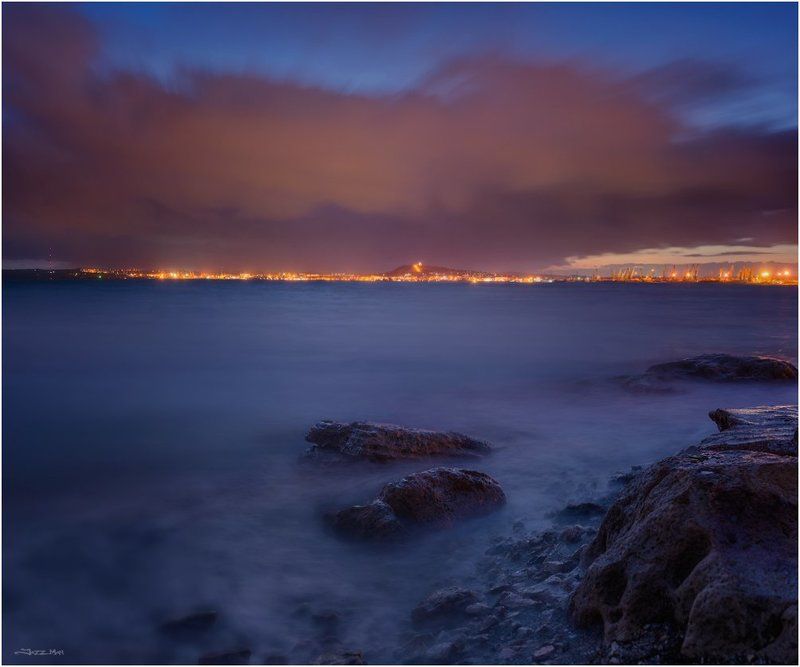 Вечер, Город, Длинная выдержка, Камни, Керчь, Крым, Море, Морской пейзаж, Облака, Панорама, Черное море  фото превью