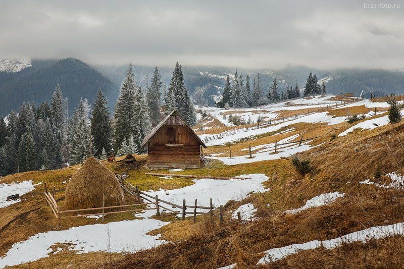Горы, Зима, Карпаты, Сено, Стог, Туман, Холмы вечер в Карпатах фото превью