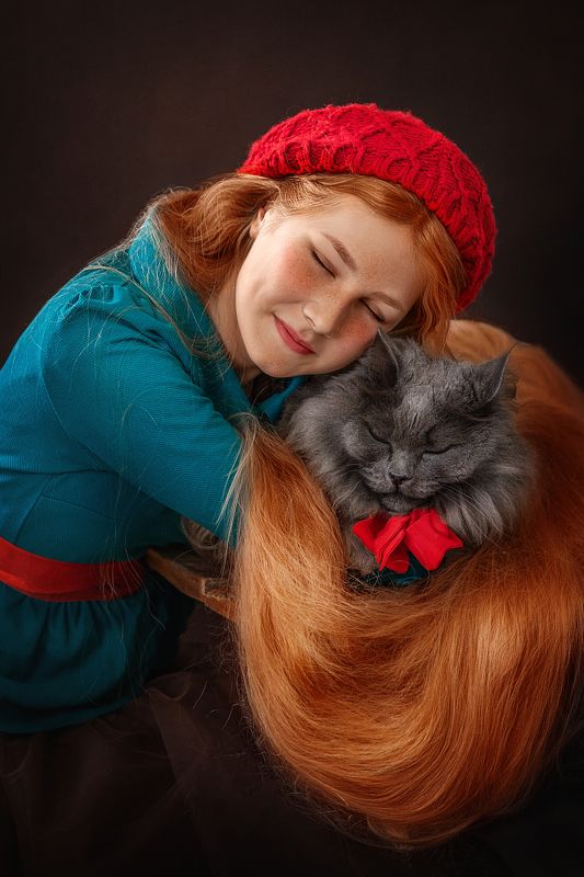 девушка, портрет, дети, фото с животными, кот Сон на двоих фото превью
