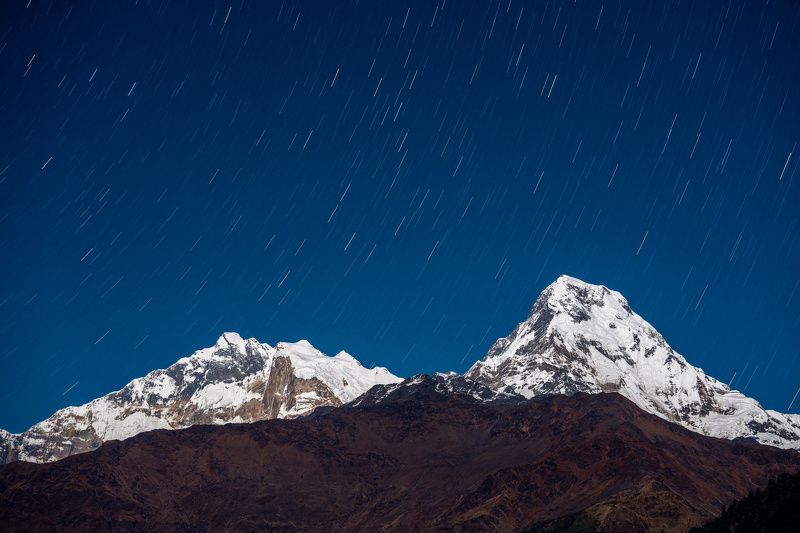 аннапурна, гора, непал, гималаи, горы, звезды, звездные треки, annapurna, mountain, nepal, himalaya, stars, star track Annapurna Fang и Annapurna South фото превью