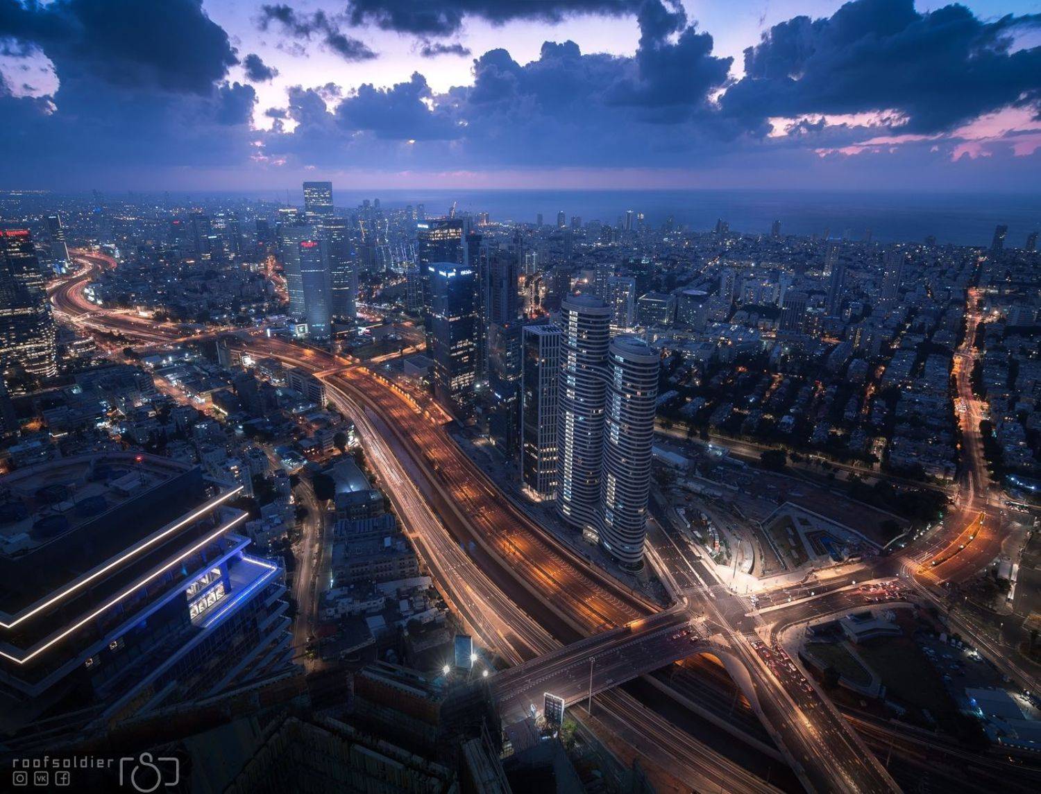 Tel aviv, Israel, city, urban, architecture, cityscape, above, sunset, sunrise, skyscraper, Ramat Gan, roofer, roof, night, Голубев Алексей