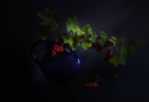 red berries in a blue vase on a black background