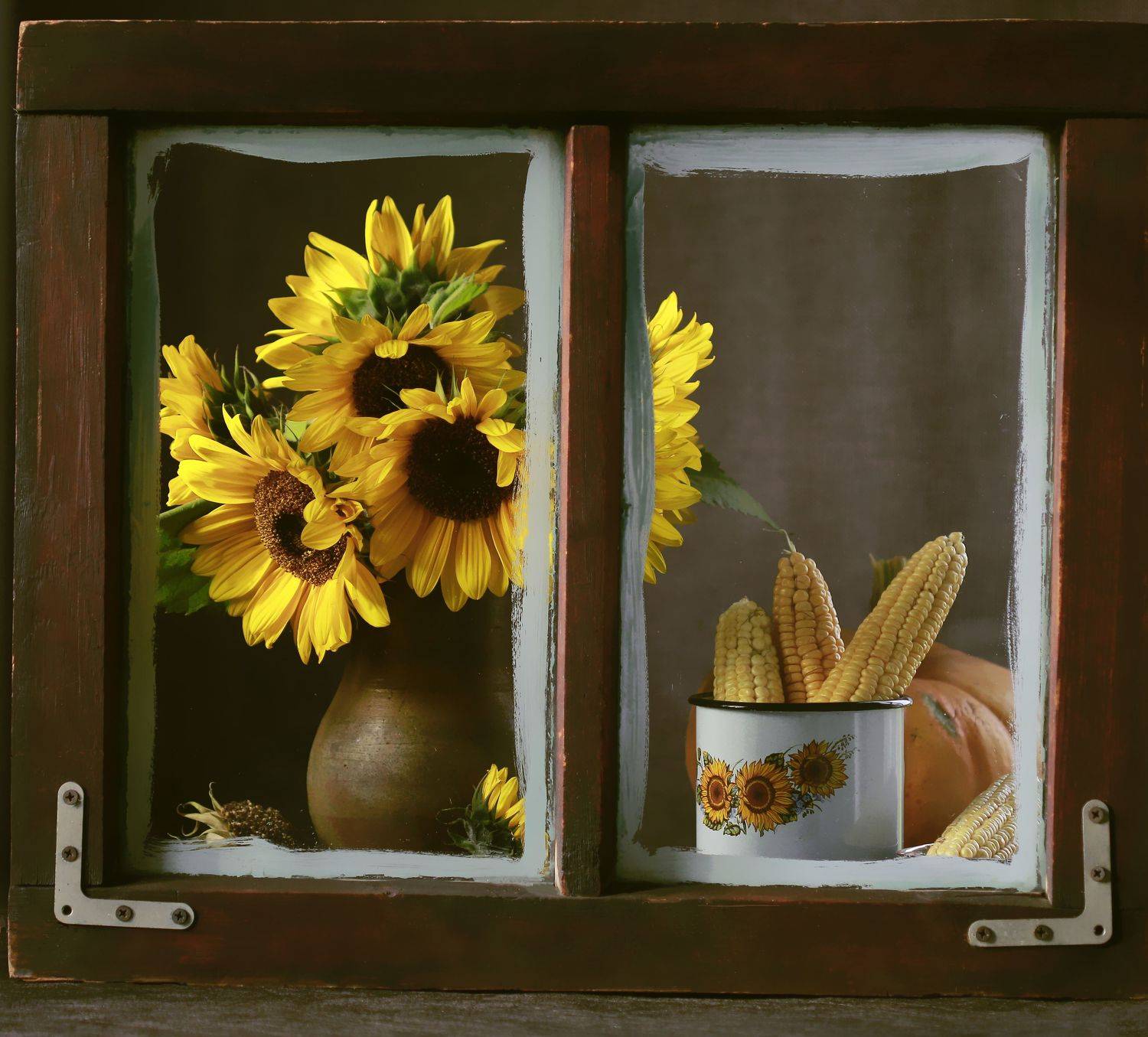 натюрморт, фотонатюрморт, осень, подсолнух, кукуруза, окно, тыква, still life, наталья казанцева, Наталья Казанцева