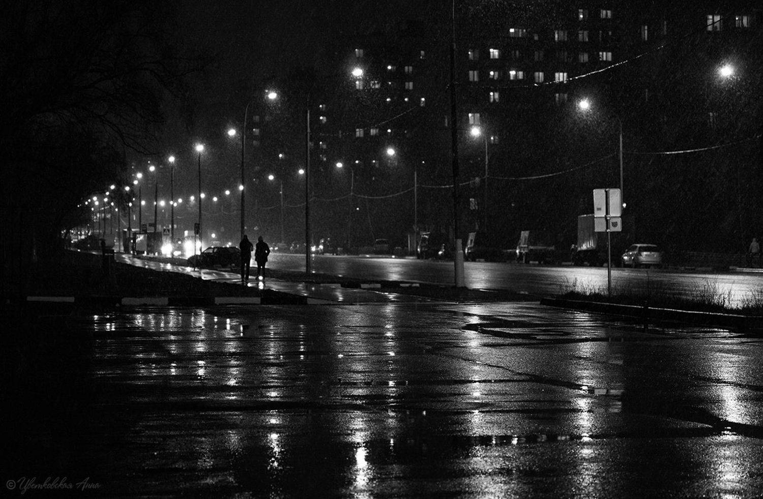 город, вечер, зима, дома, снег, Анна Цветковская