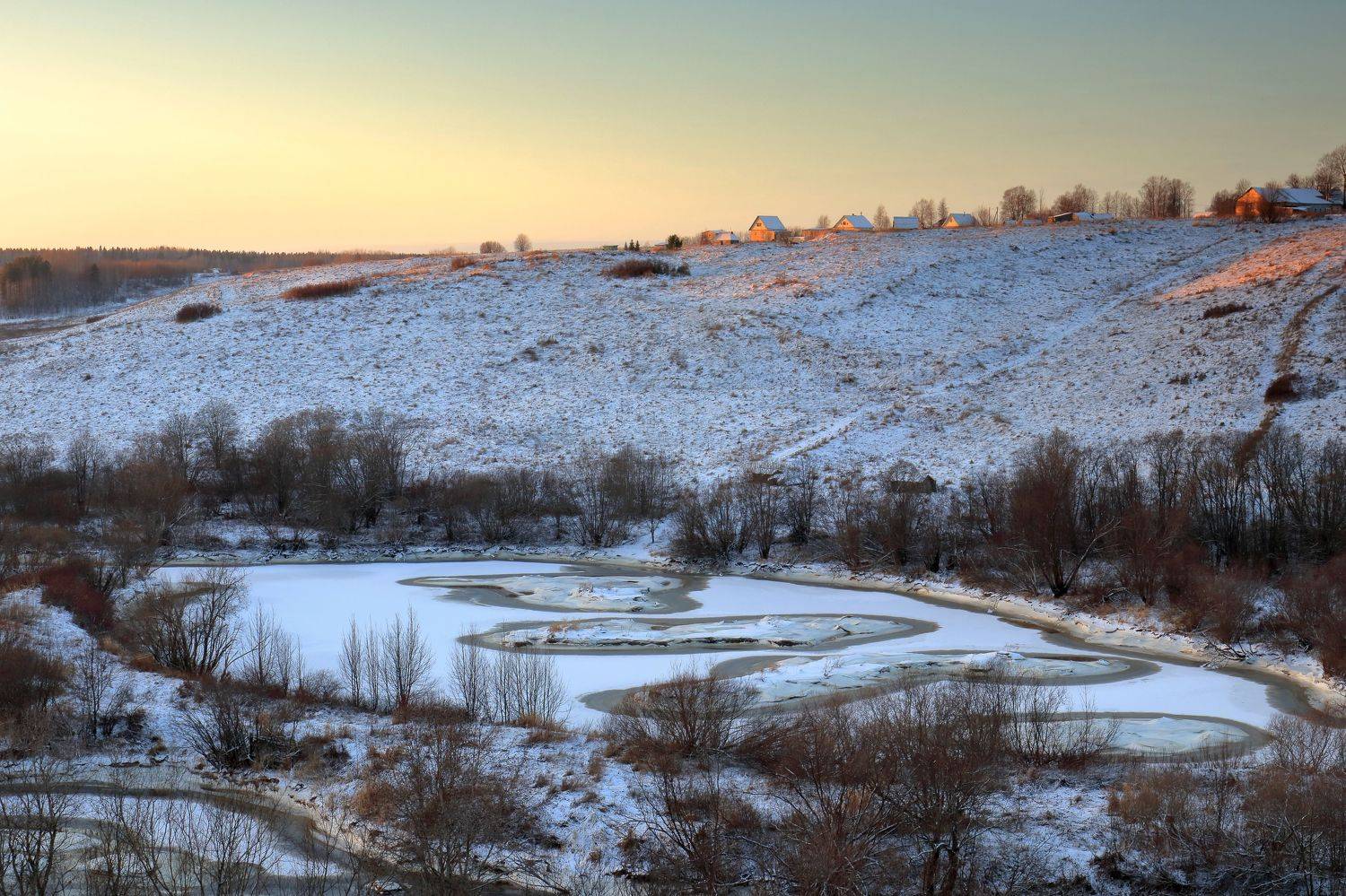 зима, снег, север, закат, река, природа, холмы, Титов Александр