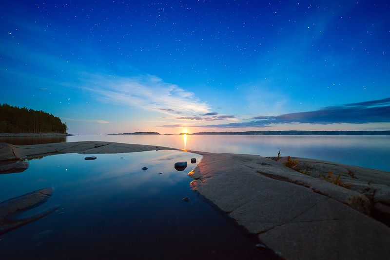 night, nature, moon, karelia, ladoga, waterscape Moonset фото превью
