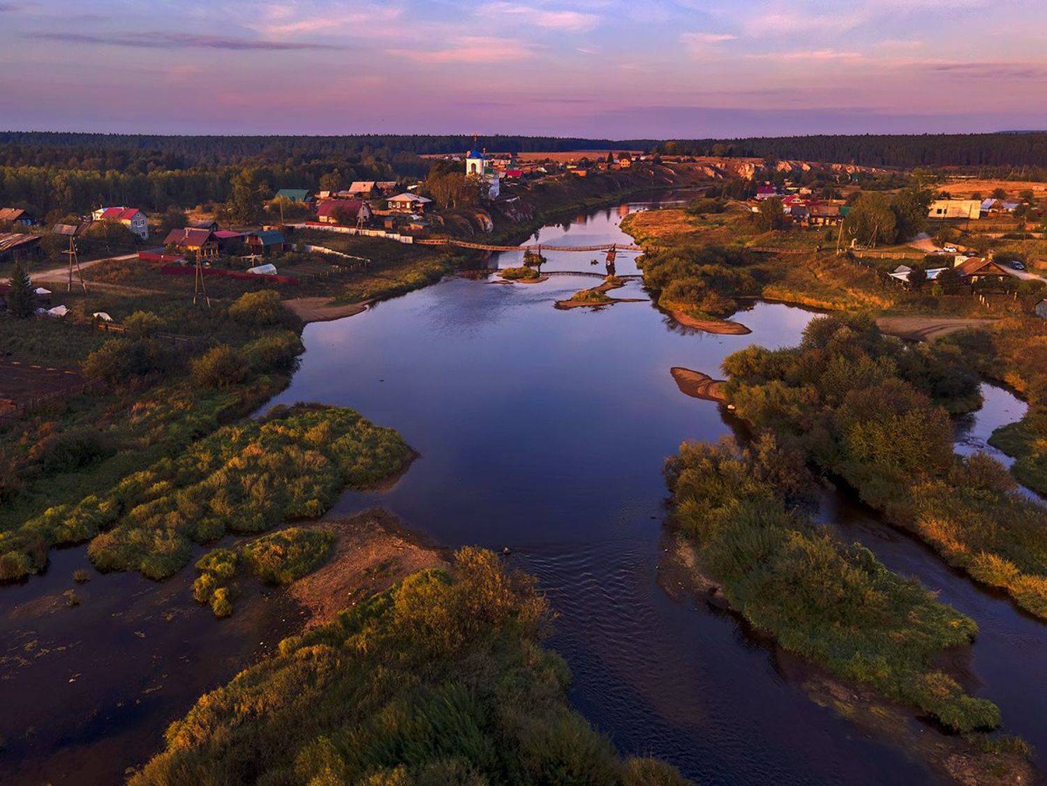 пейзаж, природа, село, старина, урал, чусовая, река, вечер, закат, мост, деревня, Sokolova Tatiana