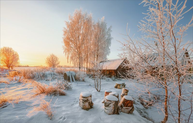 пейзаж, вечер, осень, снег, деревня, свет, цвет, александр никитинский Картинка, деревенская... зимняя... фото превью
