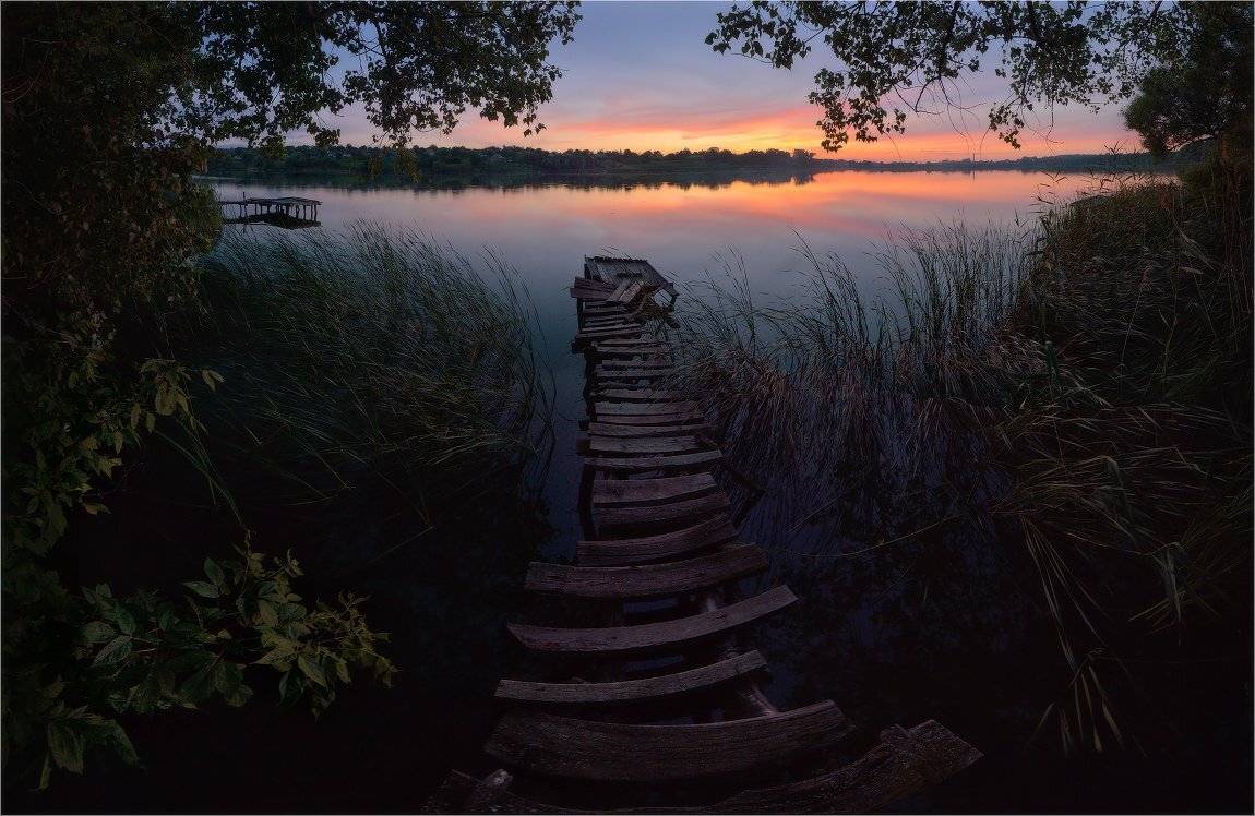 Вечер, Закат, Мостик, Небо, Отражения, Река, Сумерки, Станислав Саламанов