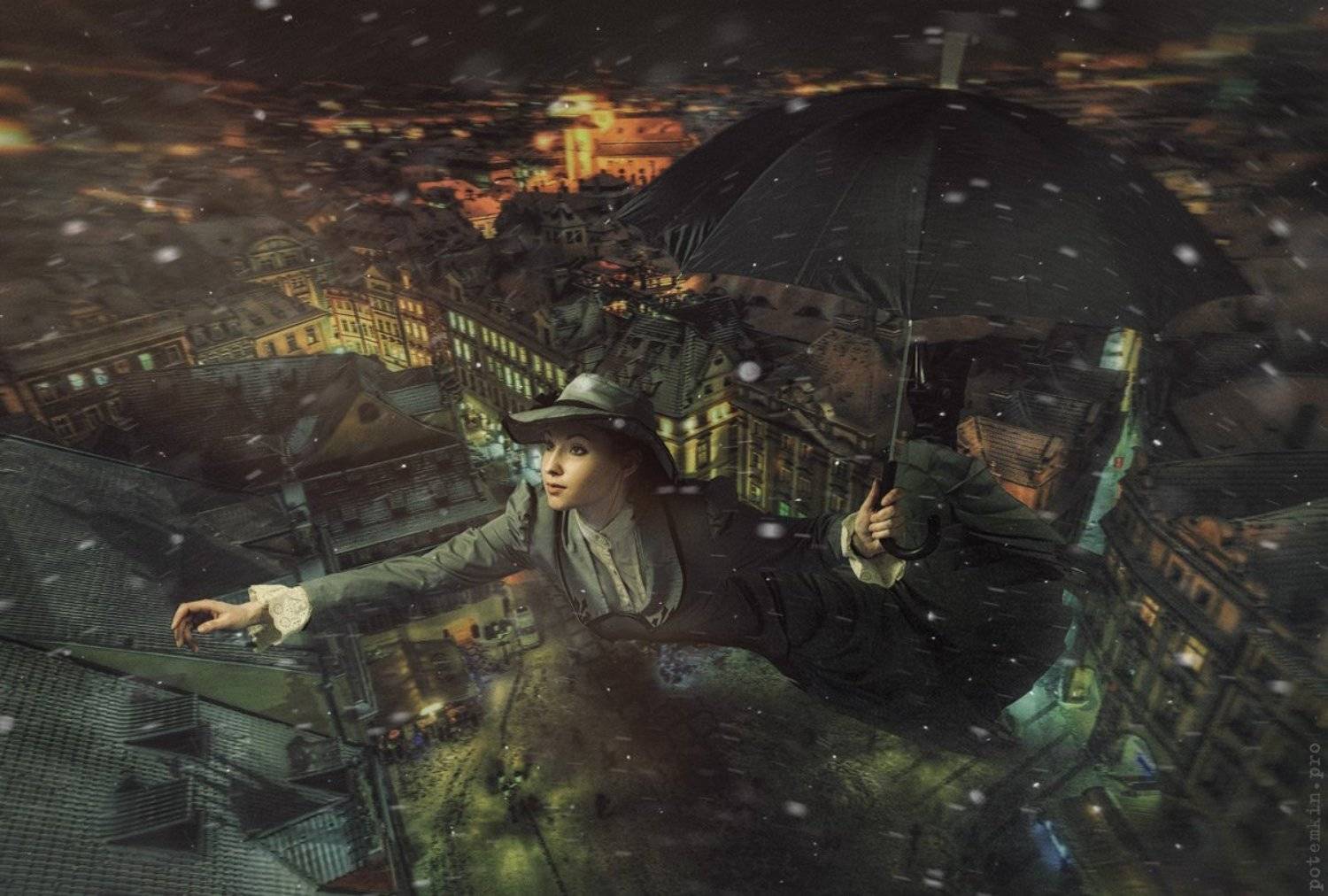 Вьюга, Зима, Коллаж, Мэри поппинс, Полет, Ретушь, Сказка, Сказки, Фантазия, Вячеслав Потёмкин