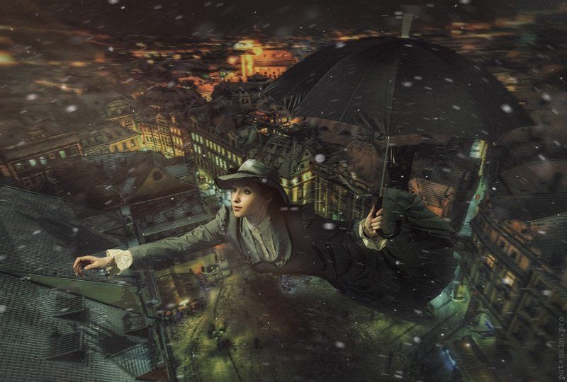 Вьюга, Зима, Коллаж, Мэри поппинс, Полет, Ретушь, Сказка, Сказки, Фантазия Мэри Поппинс, до свидания! фото превью