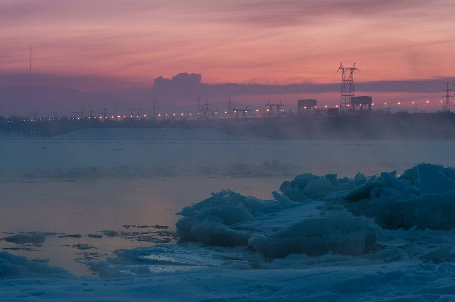 Вечер, Волга, Гэс, Жигулевск, Закат, Лед, Мороз, Мост, Пар, Плотина, Тольятти, Фонари, Январь, Виктор