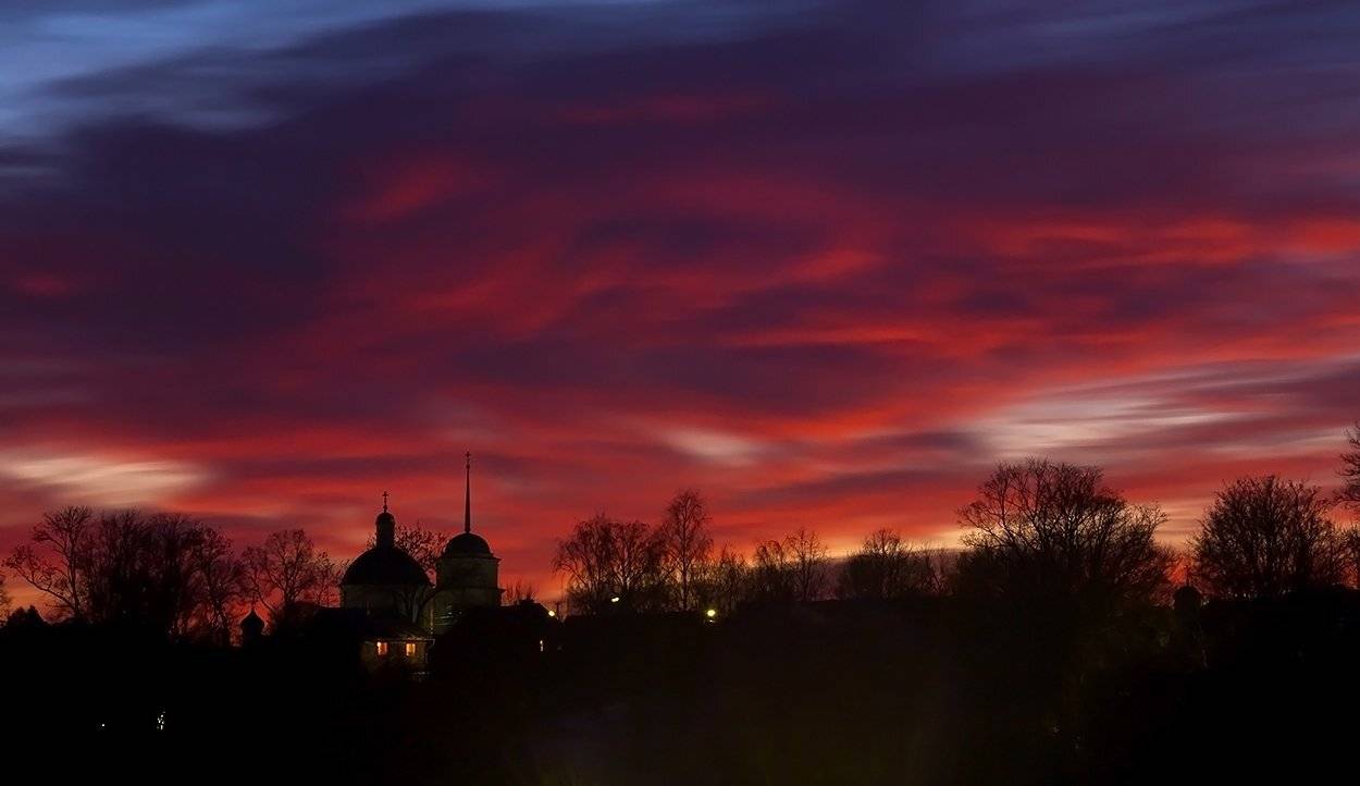 Church, Sky, Sunset, Temple, Twilight, Вечер, Закат, Зарево, Небо, Облака, Силуэт, Сумерки, Храм, Церковь, Анна Кудрявцева