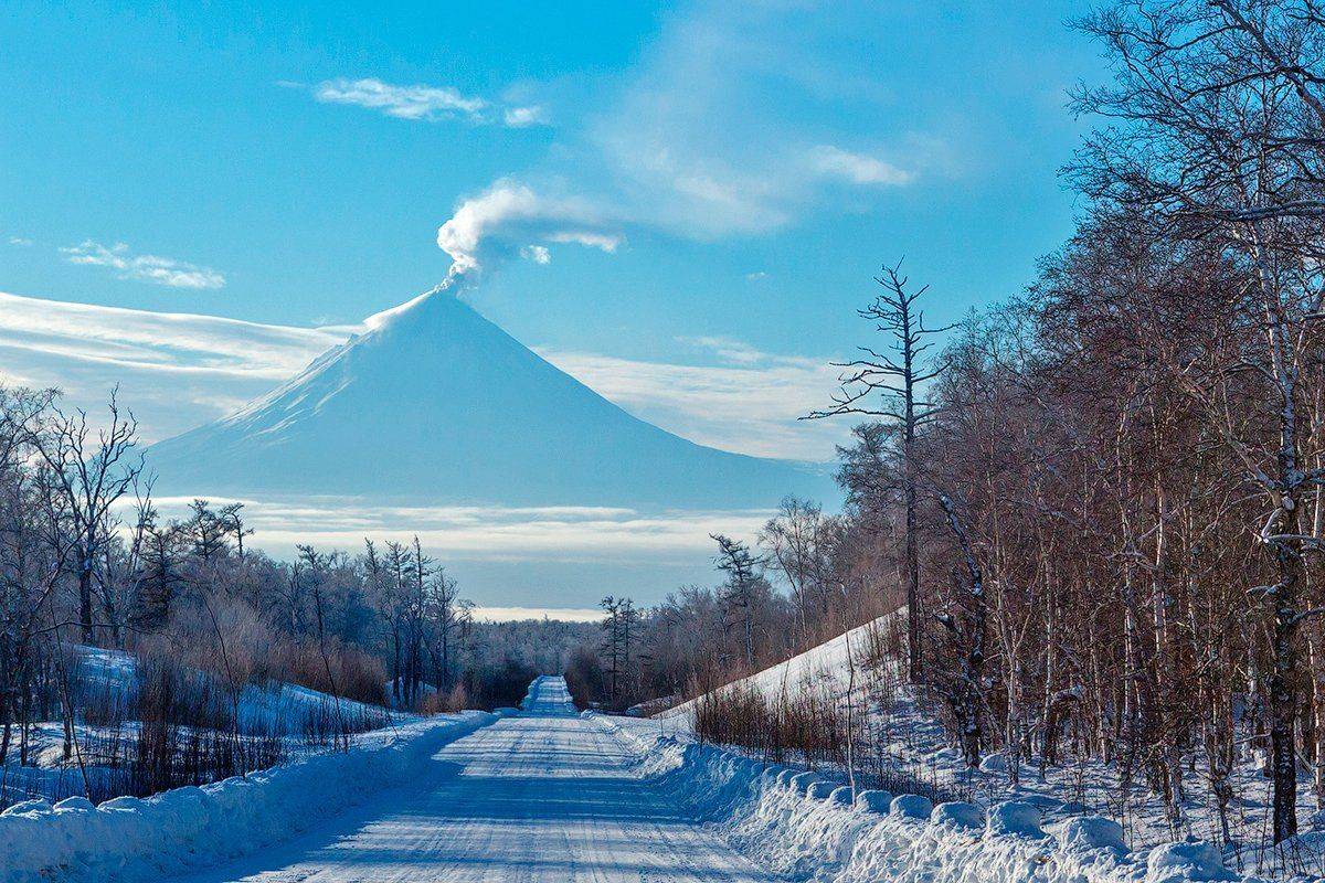 Вулкан, Дорога, Зима, Извержение, Камчатка, Снег, Денис Будьков