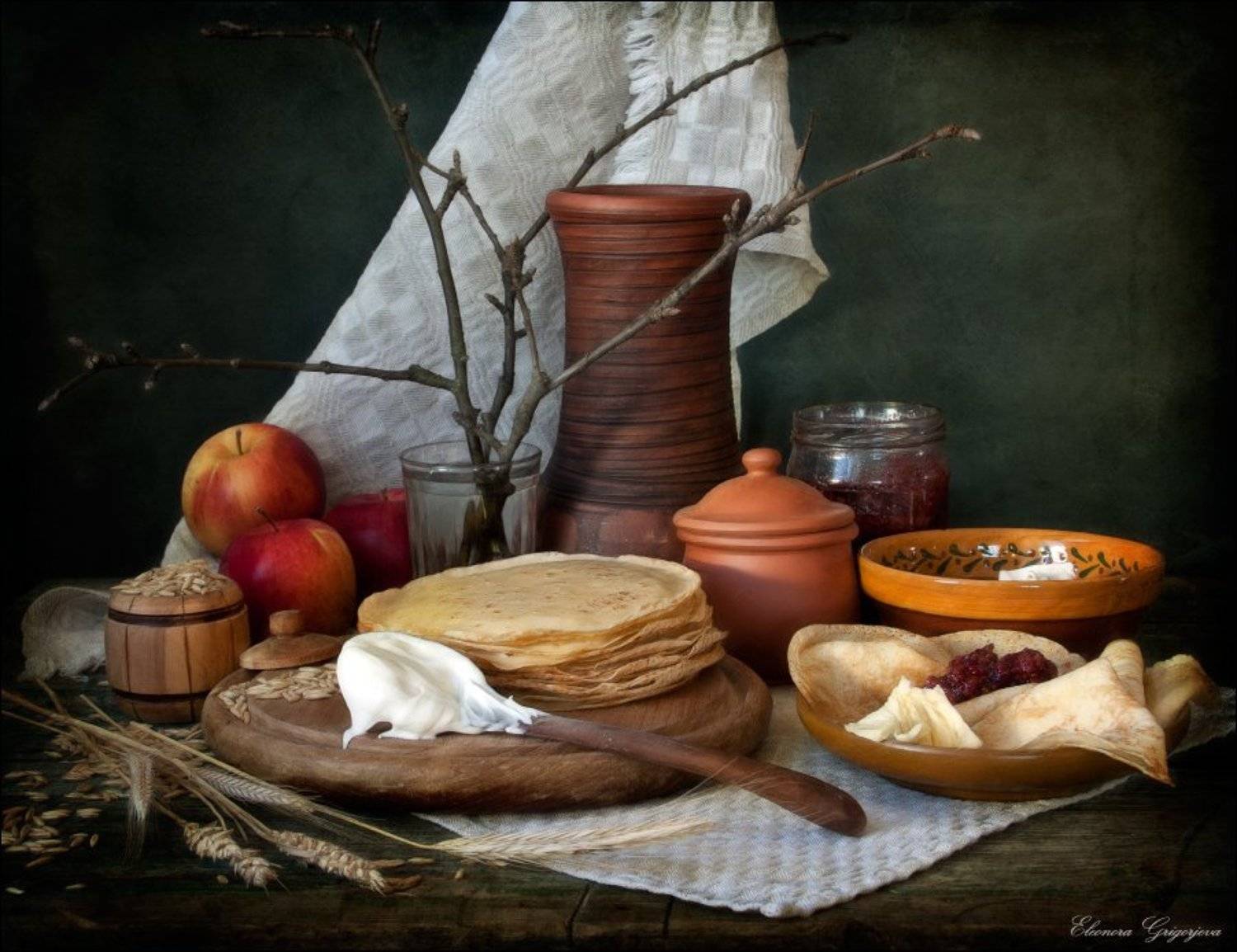 Блины, Варенье, Весна, Масленица, Мёд, Натюрморт, Сметана, Eleonora Grigorjeva