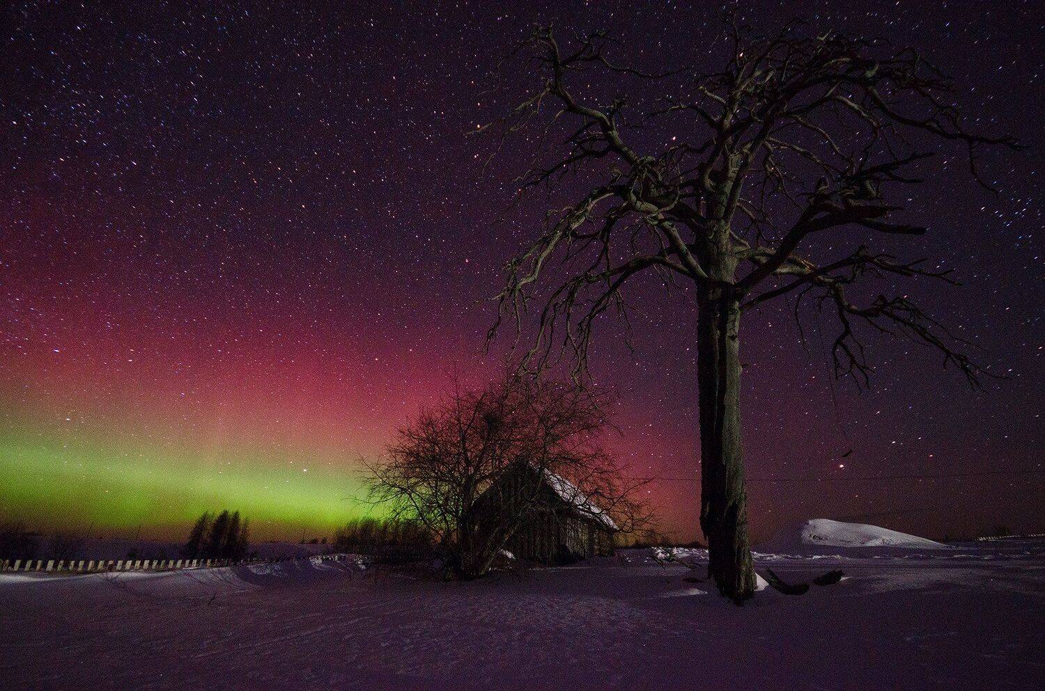 Деревня, Звезды, Зима, Ночь, Северное сияние, Снег, Сергей