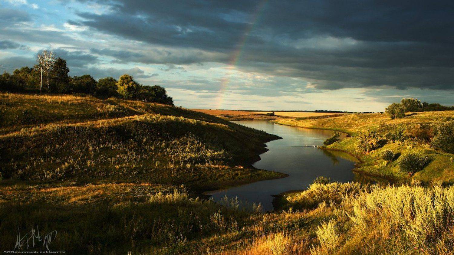 Небо, Озеро, Осень, Пейзаж, Поле, Радуга, Русский, Цвета, Александр Мартынов