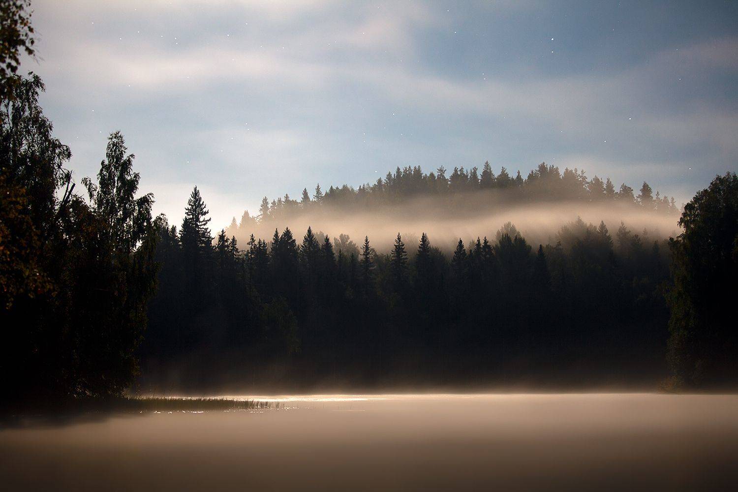 night, fog, russia, nature, moonlight, karelia, Хамаганова Мария