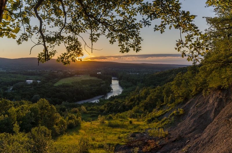лето, вечер, закат, река  фото превью