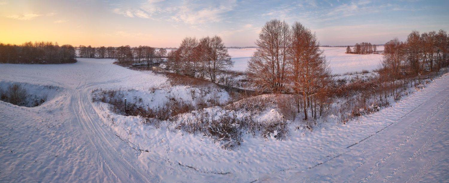 беларусь, вечер, декабрь, дорога, закат, зима, поля, река, снег, Вейзе Максим