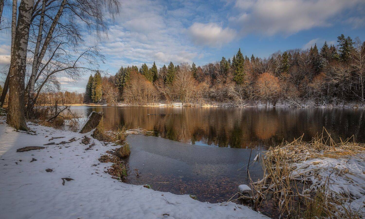 снег, река, лес, осень, Сергей Аникин