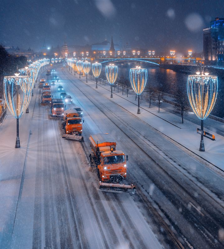 ночь, Москва, снегоуборочные машины, Новый год, new year, moscow   фото превью