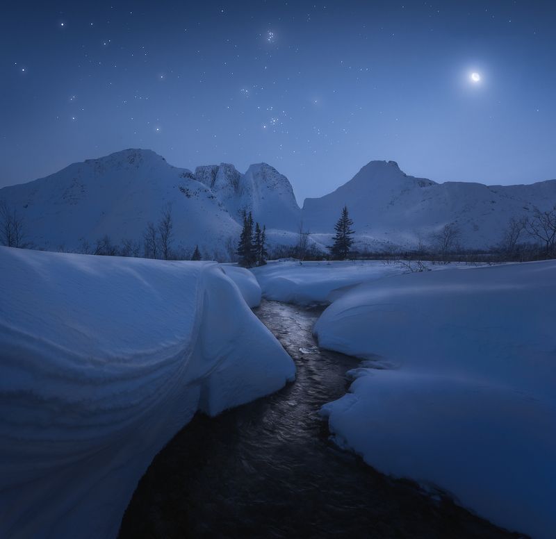 север, кольский, лес, зима, хибины, река, малый вудъявр Сумерки на озере Малый Вудъявр фото превью