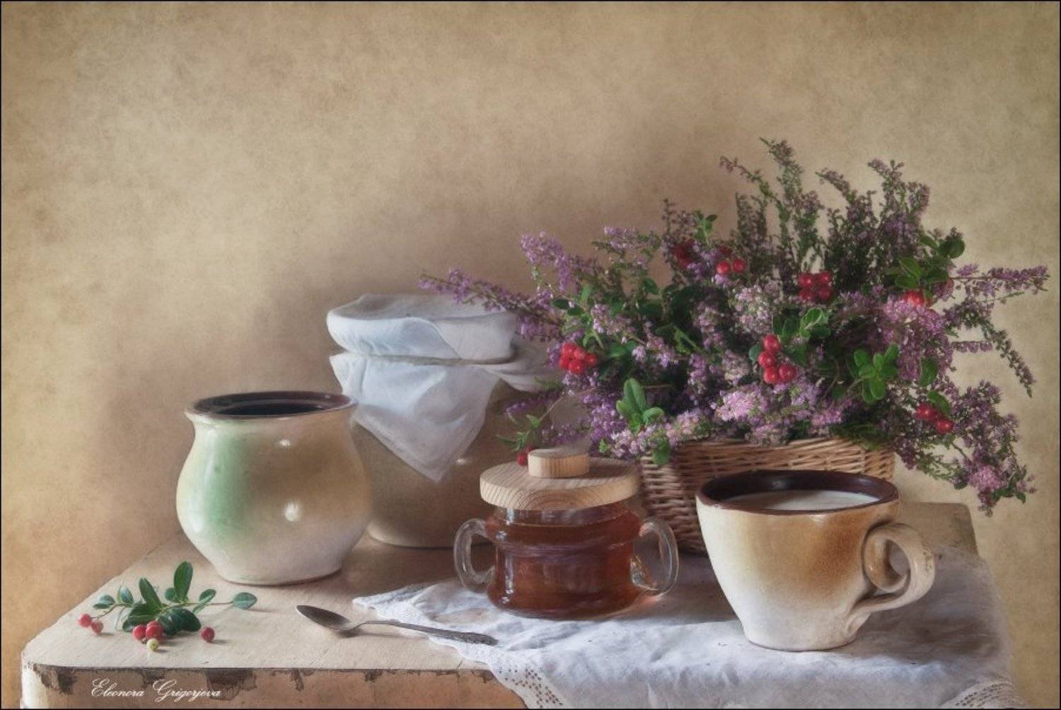 август, брусника, вереск, мёд, молоко, натюрморт, осень, сентябрь, Eleonora Grigorjeva