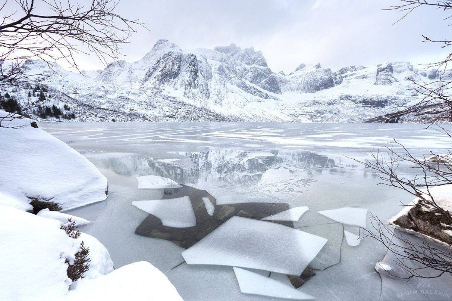 Горы, Зима, Зимний пейзаж, Лед, Лофотены, Норвегия, Озеро, Вадим Балакин